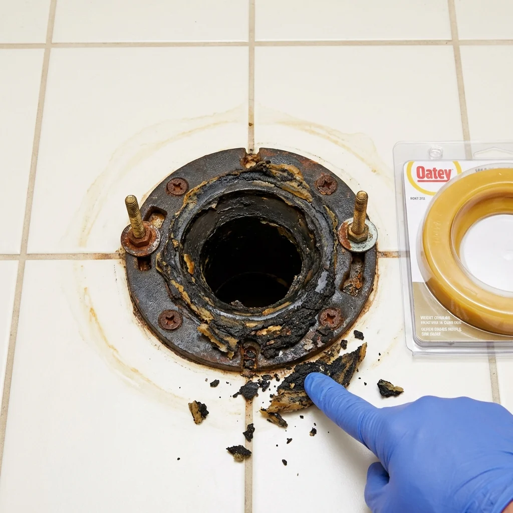 Failed wax ring showing water seepage at the base of a toilet in a Hampton, IL home