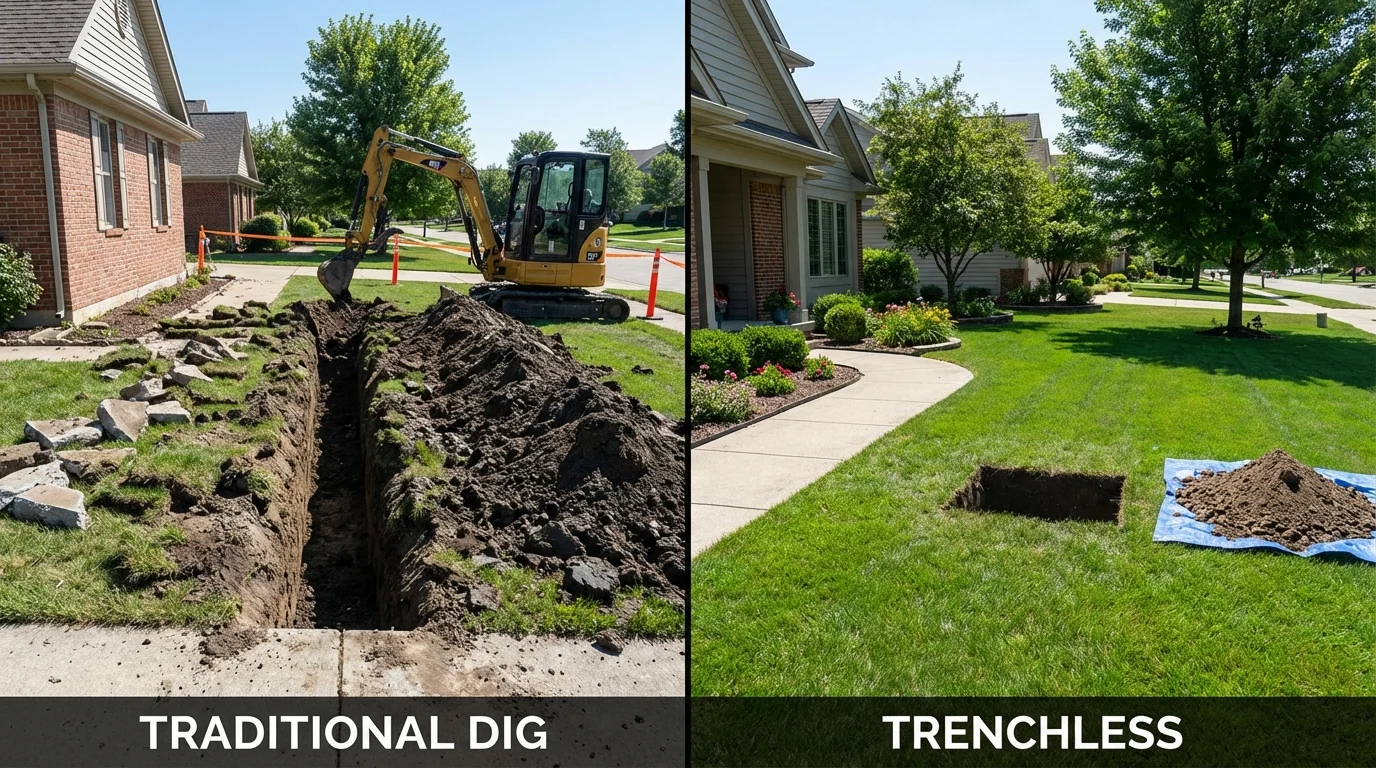 Trenchless sewer repair with minimal yard damage versus traditional excavation in Hampton, IL